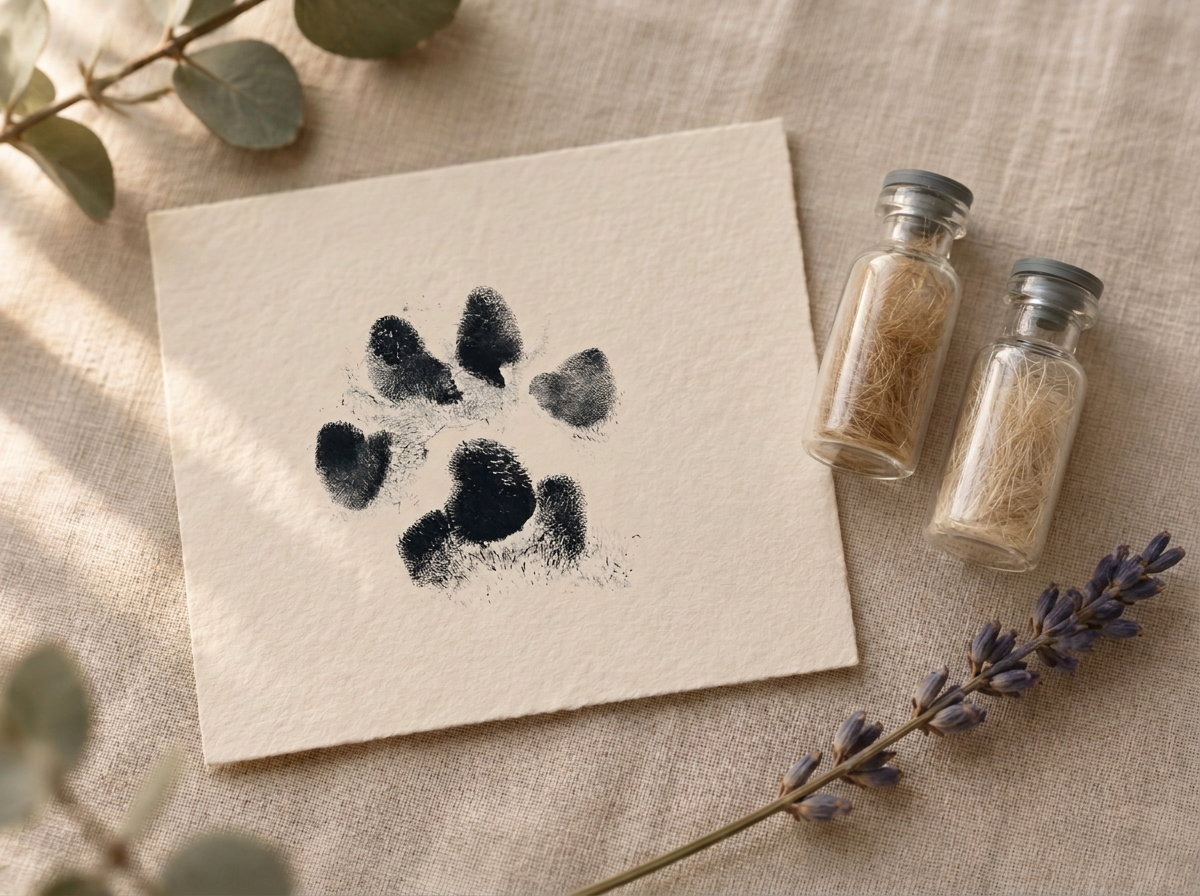 An ink paw print and small glass vials of fur clippings arranged with flowers